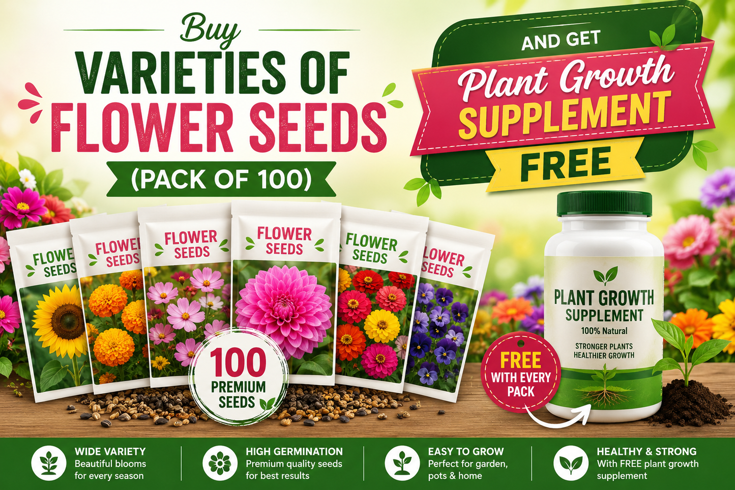 Buy Varieties of Flower Seeds (Pack of 100) And Get Plant Growth Supplement Free
